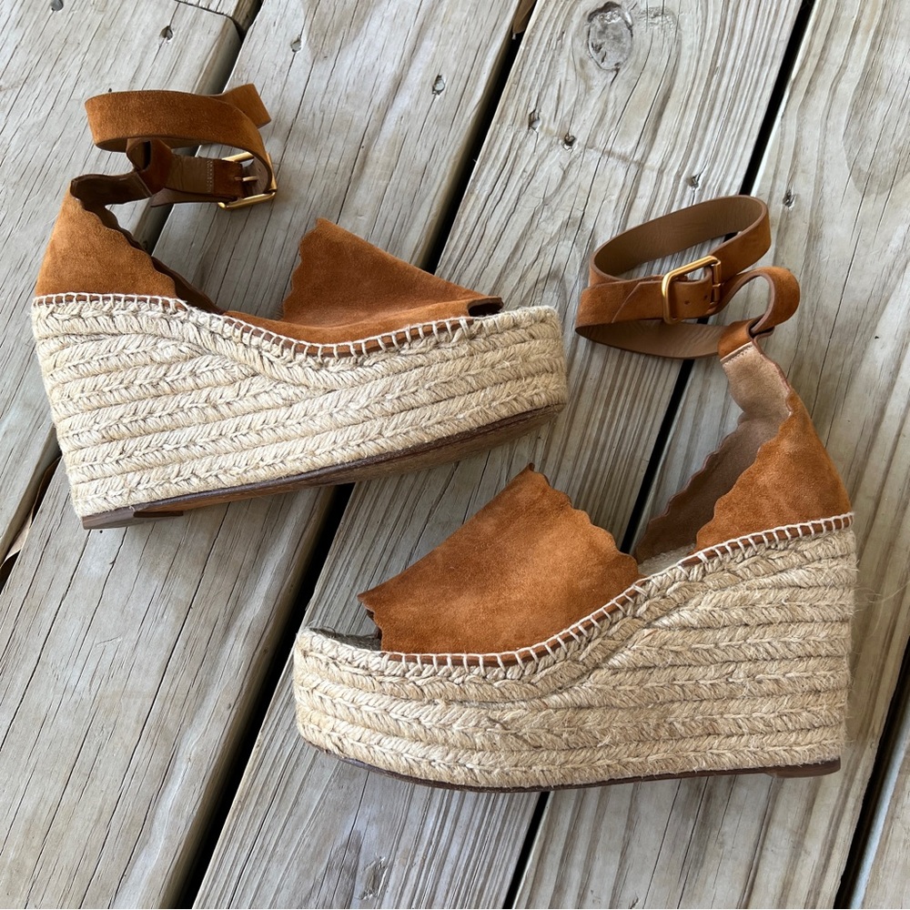 Chloe Lauren 40 Brown Suede Espadrille Wedge Sandals Cognac ankle wrap platform